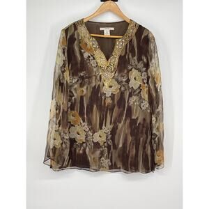 Vintage Edwards Floral 100% Silk Beaded Sheer Top Size L Forest Fairy Whimsigoth